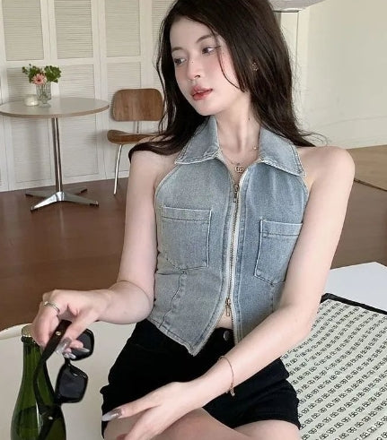 Women's Backless Denim Sleeveless Zipper Tank Top