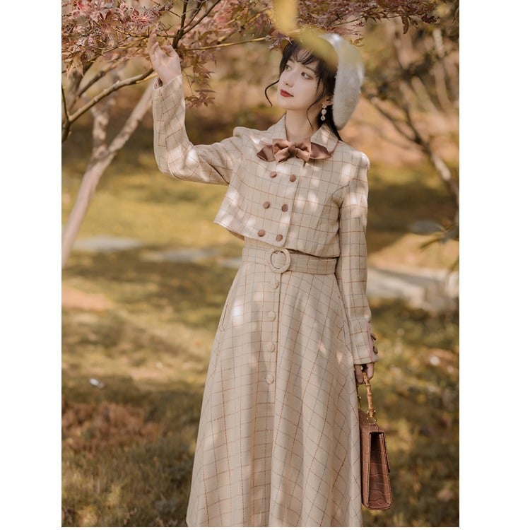 Elegant Spring Plaid Long Sleeve Midi Dress
