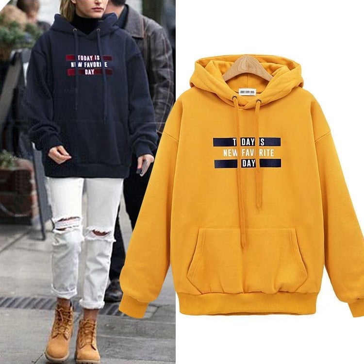 Loose Hooded Pullover with Letter Printing for Women