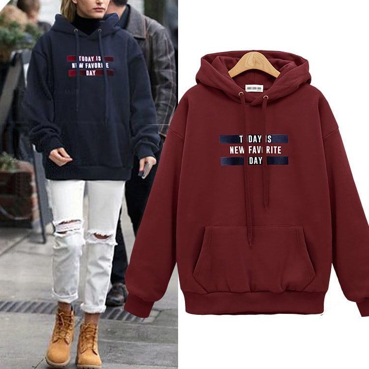 Loose Hooded Pullover with Letter Printing for Women