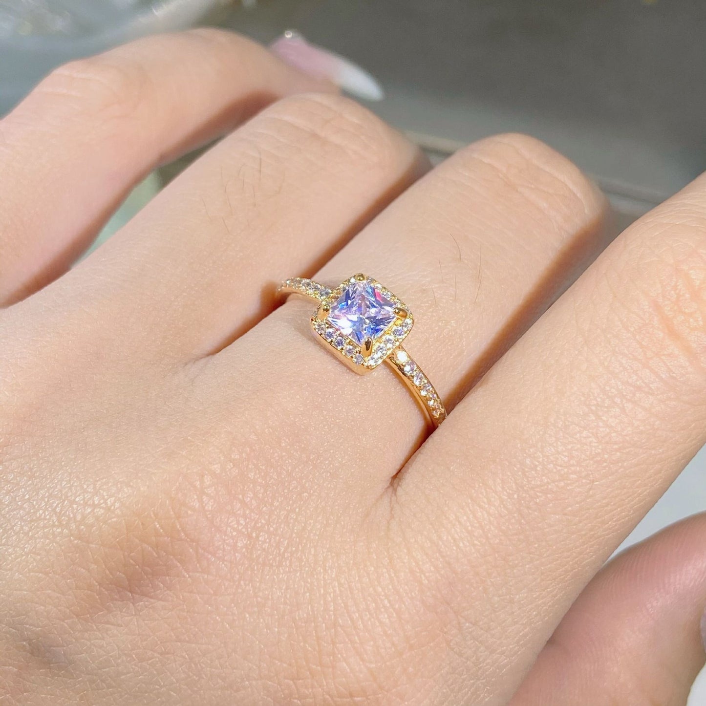 Champagne Color Princess Cut Ring with Simulated Diamonds