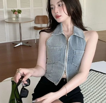 Women's Backless Denim Sleeveless Zipper Tank Top