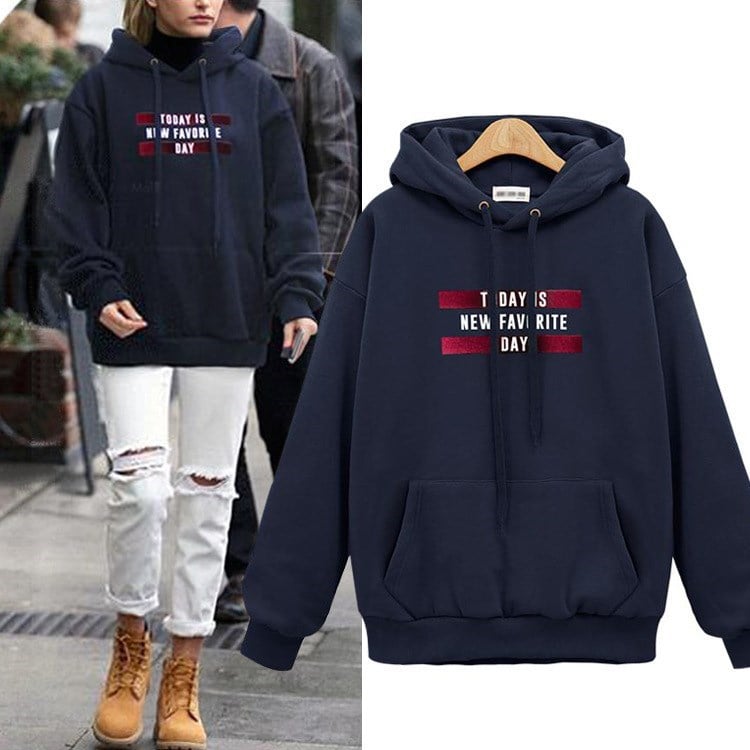 Loose Hooded Pullover with Letter Printing for Women