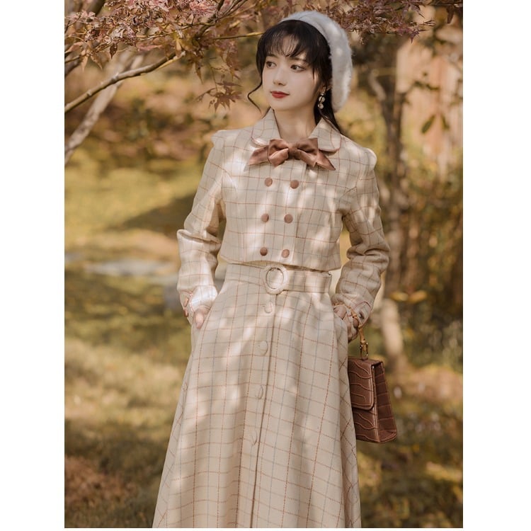 Elegant Spring Plaid Long Sleeve Midi Dress