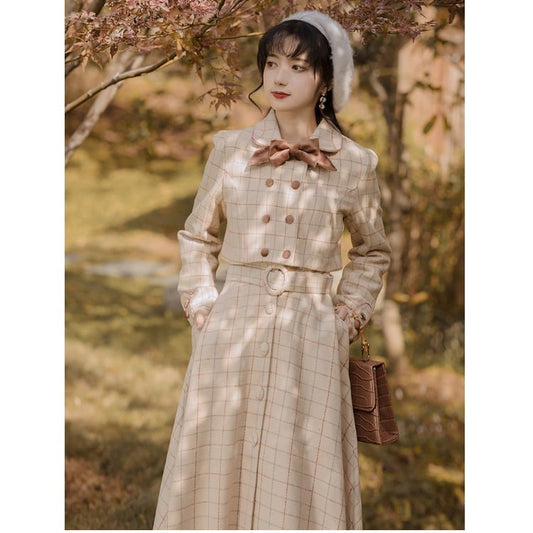 Elegant Spring Plaid Long Sleeve Midi Dress