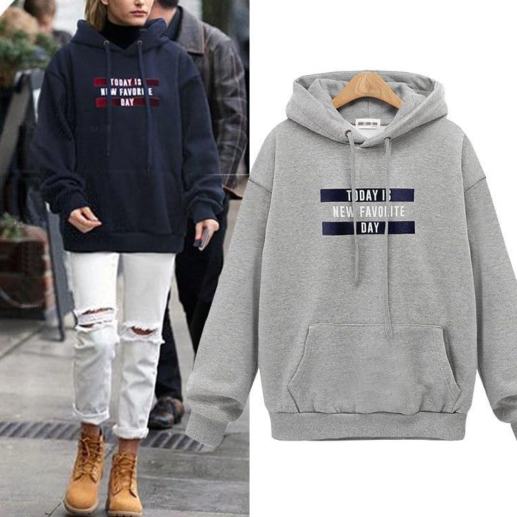 Loose Hooded Pullover with Letter Printing for Women